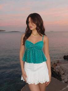 SHEIN MOD 女士奶油色蕾丝吊带背心，夏季，下午茶派对，情人节，夏季女装 - 水鴨藍 - 查看 1