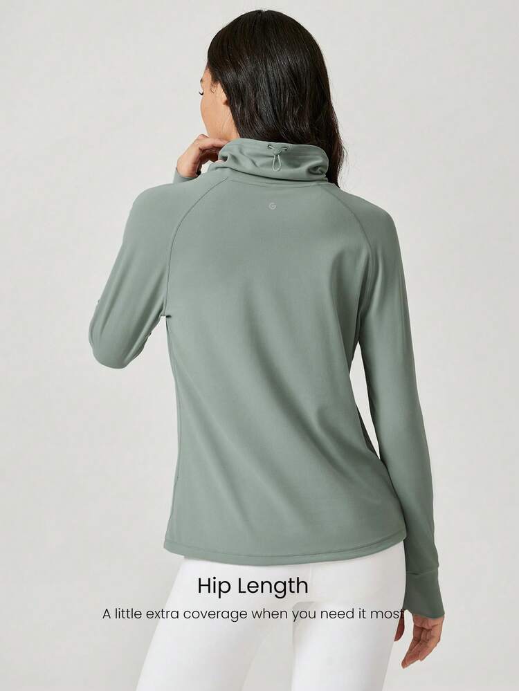 Quick-Dry Sweat-Wicking Adjustbale Drawstring Neck Hem Long Sleeves Active Top Tee With Side Zip Pockets And Thumbholes Daily Casual