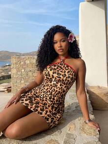 BamGleam 2026春夏豹纹性感简约褶皱撞色金属扣紧身连衣裙（女款） - 棕色 - 查看 2