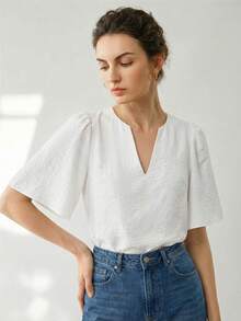 Uhlyne Uhlyne Elegant White Summer V-Neck Plain Color T-Shirt,French Minimalist Style For Office,Commuting,Business Casual,Work Wear For Women,Teacher Top - White - View 1