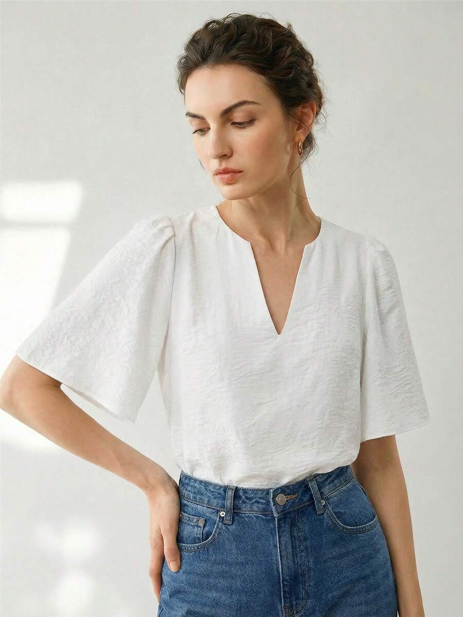 Uhlyne Uhlyne Elegant White Summer V-Neck Plain Color T-Shirt,French Minimalist Style For Office,Commuting,Business Casual,Work Wear For Women,Teacher Top - White - View 1