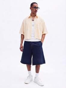 SUMWON Chemise à manches courtes à rayures verticales avec boutons devant, col, tenue d'été décontractée - Jaune citron - Voir 3