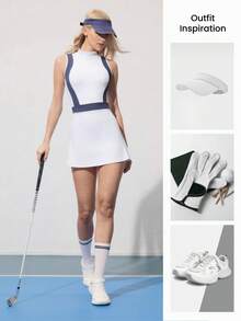CourtClass CourtClass 女士高尔夫运动连衣裙 高腰修身弹力户外训练连衣裙，撞色运动连衣裙配内衬短裤，网球连衣裙 - 藍白色 - 查看 5