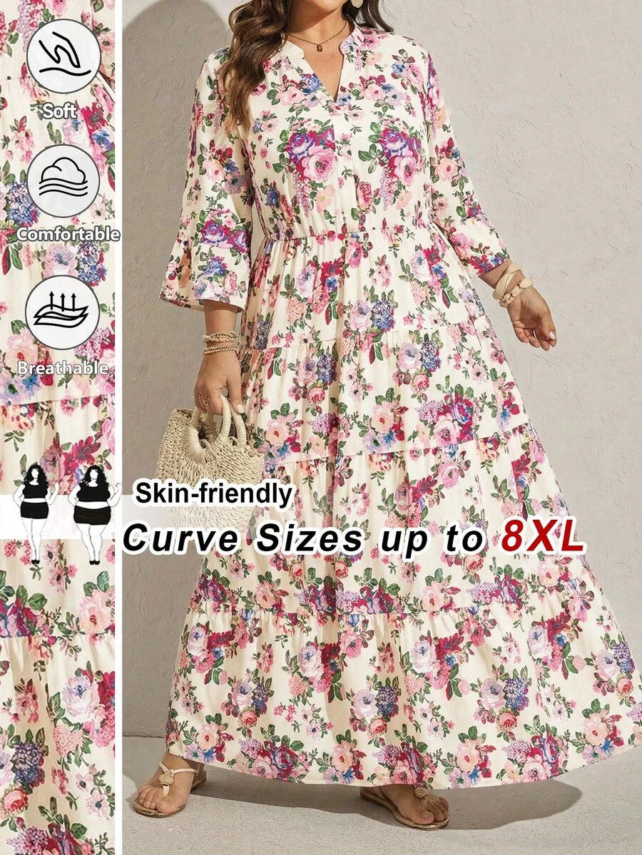 SHEIN CURVE+ Đầm 4 tầng kiểu Bohemian in hoa dành cho nữ cỡ lớn, thích hợp mặc hàng ngày vào mùa hè, lễ tốt nghiệp, dự đám cưới, kỳ nghỉ, đi biển, lễ hội, đầm hai dây, tiệc sinh nhật, đầm xòe, quần áo mùa hè cho nữ, trang phục nữ, trang phục cỡ lớn cho nữ, trang phục mùa hè trang trọng, đầm hai dây cỡ lớn cho nữ, đầm hai dây cho nữ