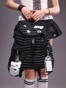 ROMWE Grunge Punk 1Pc Medium Gray Punk College Style Cat Paw Print Star Earphones Guitar Cat Card Cover Decorative Design Contrasting Color Multi-Pocket Striped Backpack, Fashionable And Casual Unisex Large-Capacity Backpack, Suitable For Commuting, School, Vacation And Other Matching Single Items - Medium gray - View 8