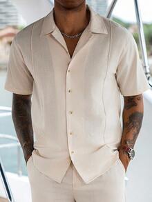 VENTUSAIL Conjunto de lino color albaricoque para hombres con mangas cortas regulares y detalles de bolsillo, conjunto de dos piezas de lino color crema para crucero de verano, Old Money - Albaricoque - Ver 3