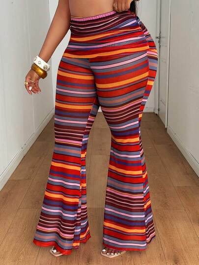 Maweii 大码女式条纹拼接休闲百搭日常喇叭裤