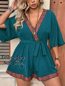 Ceyna Bộ jumpsuit cỡ lớn cổ chữ V tay lửng 3/4 viền ren thanh lịch phong cách retro bohemian dễ thương thắt nơ eo. - Màu xanh lam - Xem 1