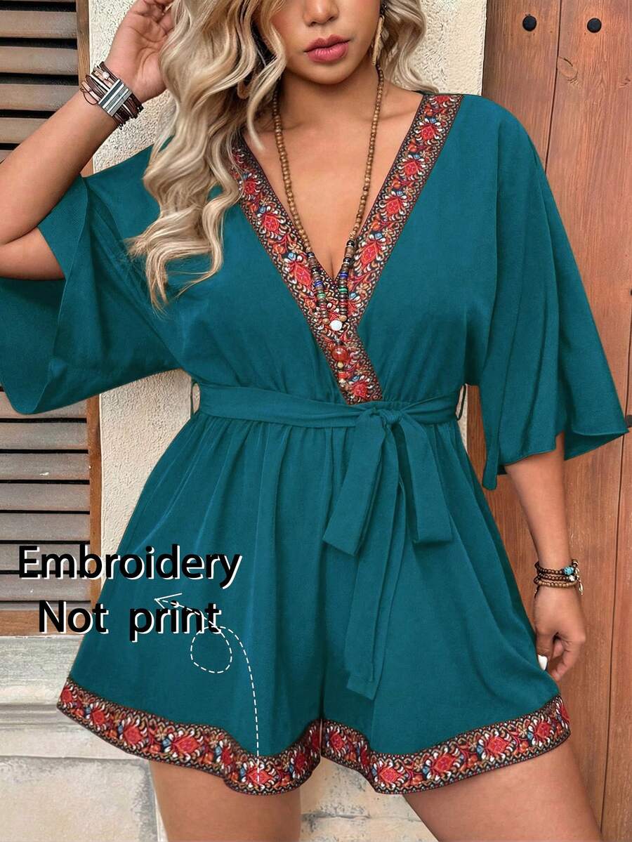 Ceyna Bộ jumpsuit cỡ lớn cổ chữ V tay lửng 3/4 viền ren thanh lịch phong cách retro bohemian dễ thương thắt nơ eo. - Màu xanh lam - Xem 1