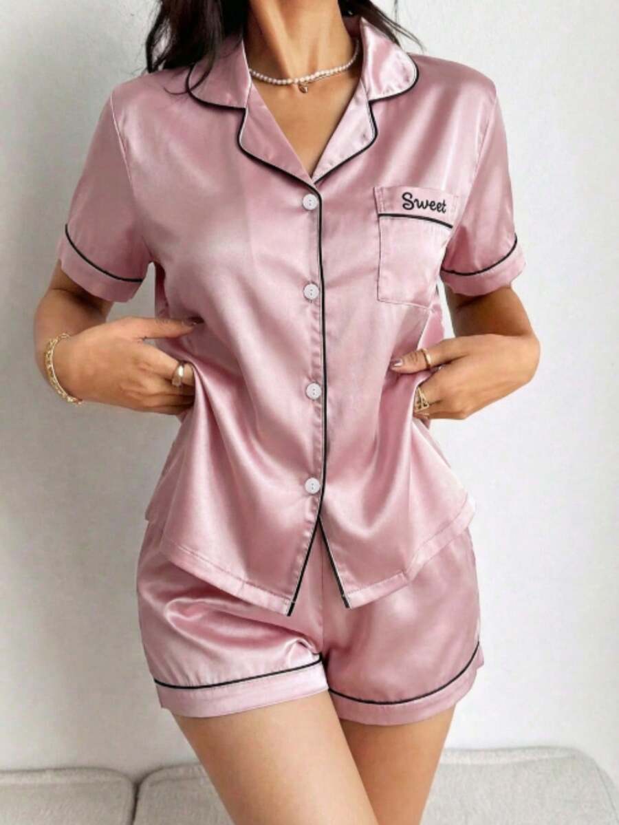 SHEIN Girls Classic Collar Solid Color Pocket Embroidered Short Sleeve Cardigan Matching Shorts Pajamas Set, Comfortable Casual Loungewear - Pink - View 1