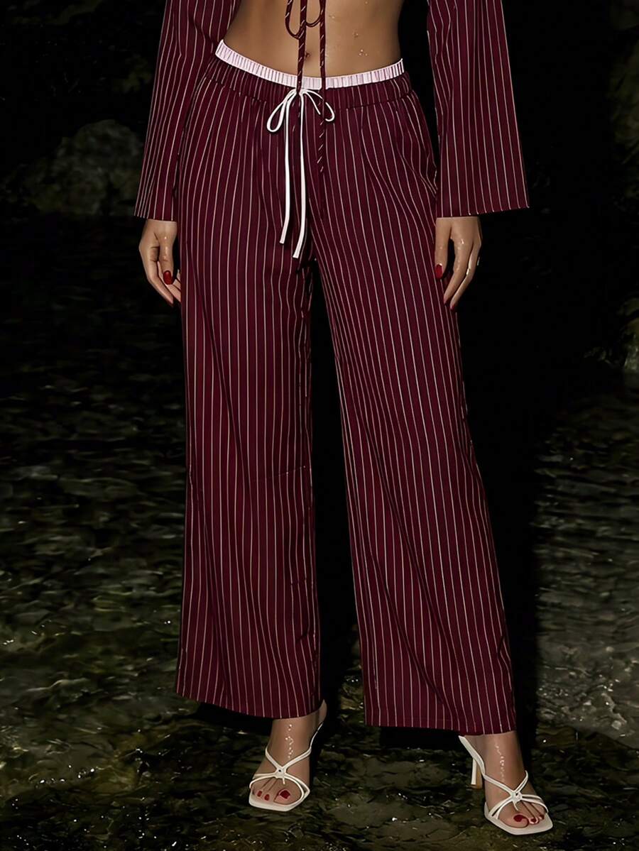 SHEIN ICON Women's Tie Waist Striped Wide Leg Loose Casual Pants - Multicolor - View 1