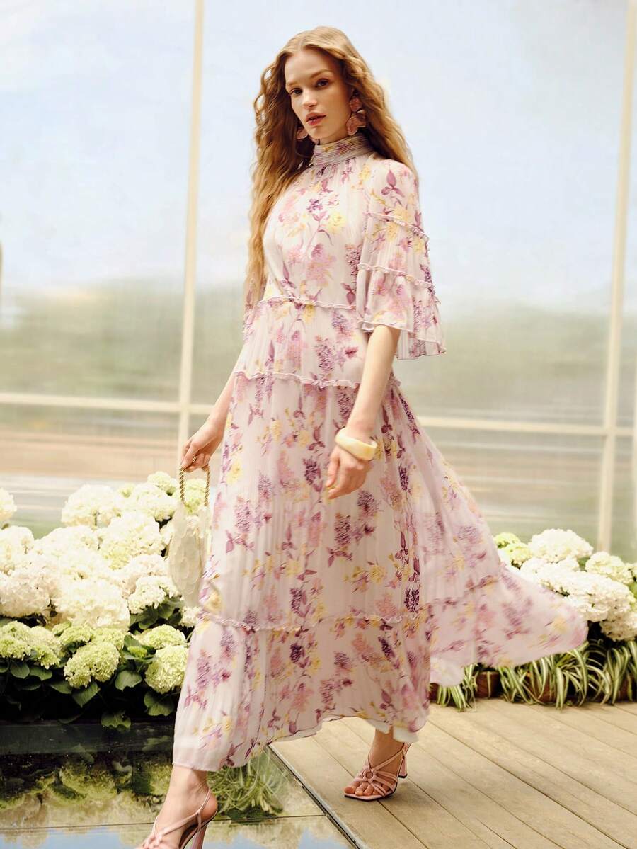 MOTF PREMIUM WOMEN'S PLEATED LOOSE ELEGANT PRINTED LONG DRESS, SPRING/SUMMER - Mauve Purple - View 2