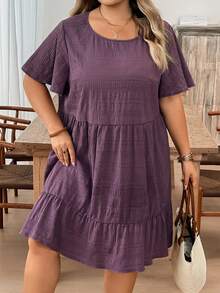 SHEIN CURVE+ 大码女式纯色圆领短袖荷叶边下摆休闲连衣裙 - 淡紫色 - 查看 5