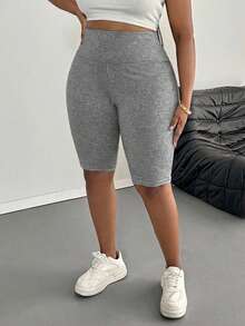 SHEIN PETITE CURVE Plus Size Women Casual Solid Color Leggings, Suitable For Summer - Light Grey - View 4