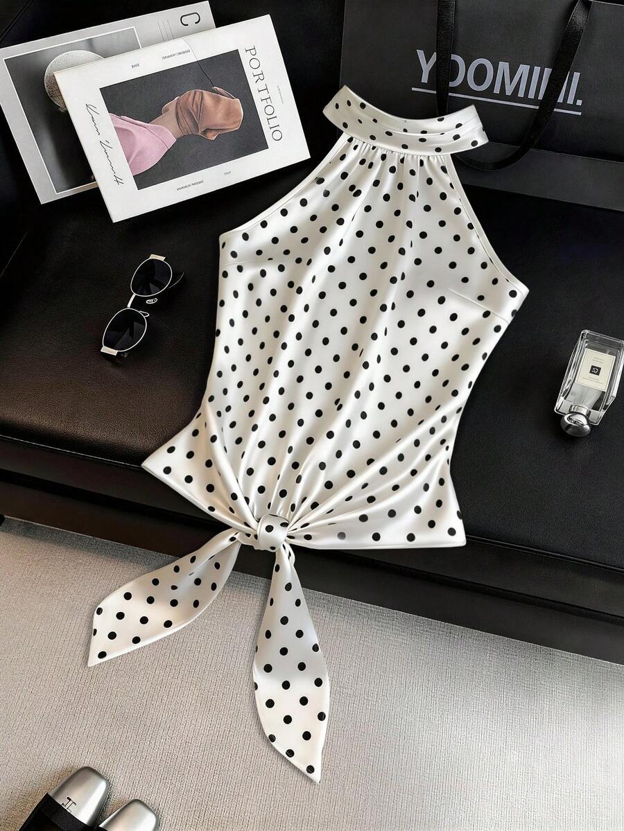 SHEIN Franclia 女士夏季性感波点吊带背心（印花不规则剪裁） - 黑與白 - 查看 1