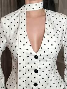 hhfernanda 女士优雅通勤波点印花西装外套，秋季必备，适合所有女性，秋季百搭，时尚百搭，返校季教师必备，深V领修身西装外套，配有独立系带，优雅简约，浪漫迷人，适合通勤或约会，黑白波点图案 - 白色 - 查看 4
