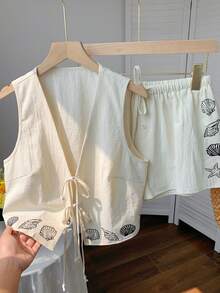 Comfortcana 女士V领无袖系带海洋生物印花两件套，夏季 - 杏色 - 查看 6