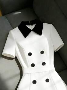 Franclia 女士优雅派对礼服、婚礼宾客礼服、毕业礼服、通勤连衣裙，衬衫领，纽扣，荷叶边下摆 - 白色 - 查看 3