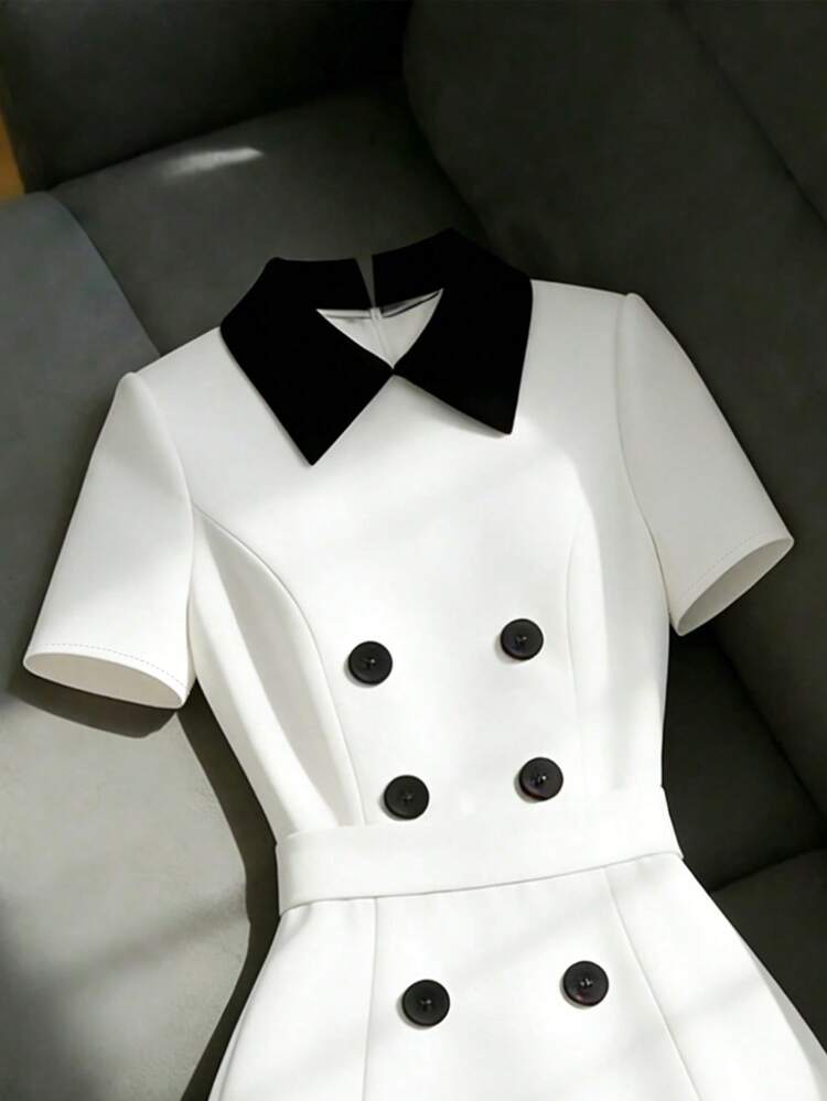 Franclia 女士优雅派对礼服、婚礼宾客礼服、毕业礼服、通勤连衣裙，衬衫领，纽扣，荷叶边下摆 - 白色 - 查看 3
