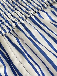 Maweii Große Größen erfrischend blaues & weißes gestreiftes Spitzen-Patchwork minimalistisches Pendler-Französischer Stil Urlaubs-Mehrzweck-Kleid - Blau-Weiß - Übersicht 8