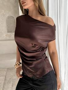 Aloruh Boat Neck Cap Sleeve Cropped Office Wear Women's Apricot Blouse - Brown - View 6