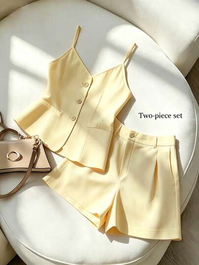 Trelyra New Women's Fashion Casual Solid Color Camisole Sleeveless Cardigan Top With Shorts Set.Women's Spring And Summer Outfit,Festival Outfits For Women ,Summer Clothes,Party Outfit,Casual Sets For Women,Holiday Outfits For Women ,Women's Sports Shorts  Country Concert Outfit, Yellow Top ,Yellow Outfits, Work Outfits For Women Office Wear For Women ,Beach Outfit For Women Spring And Summer Fashion Commuter Suits, Spring And Summer Women's Two-Piece Sets, Women's Shorts, Women's Spring And Summer Suits.Graduation Outfit For Mother