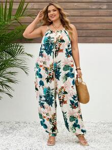 SHEIN CURVE+ Áo liền quần nữ mùa hè kiểu dáng rộng rãi, in họa tiết cây nhiệt đới, áo hai dây, áo liền quần kiểu Hawaii, áo liền quần mùa hè dáng rộng, áo liền quần kiểu Hawaii - Nhiều màu - Xem 7