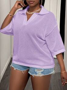 Slaydiva Loose Fit Solid Color V-Neck Drop Shoulder Hollow Out Knit Casual Blouse For Plus Size Women, Spring/Summer - Mauve Purple - View 4