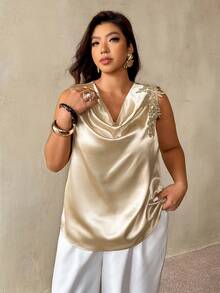 Auralis Plus Size Champagne Summer Elegant Khaki Satin Blouse, Floral Applique Pleated Collar Halter Neck Sleeveless Pullover Top For Party Wedding Prom - Khaki - View 6