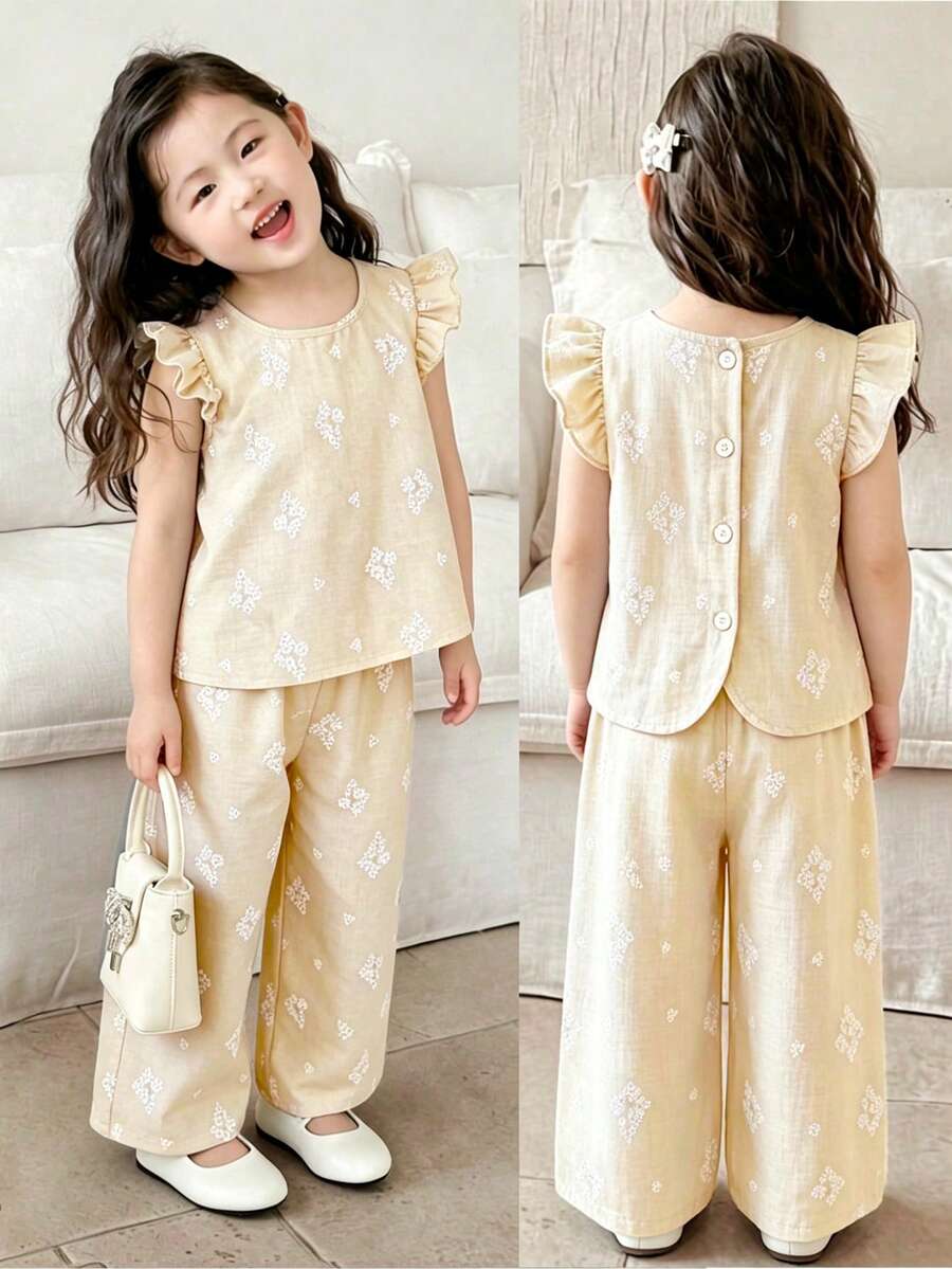 Elladie kids 女童(小号)春夏休闲简约韩版两件套。编织花卉印花纹理面料。白色无袖圆领上衣,后背纽扣开襟设计,搭配同色系休闲裤。适合年轻女孩,韩版简约风格,可爱又淑女,适合日常、上学、外出、聚会、度假等休闲场合穿着。春夏必备单品。 - 卡其色 - 查看 1