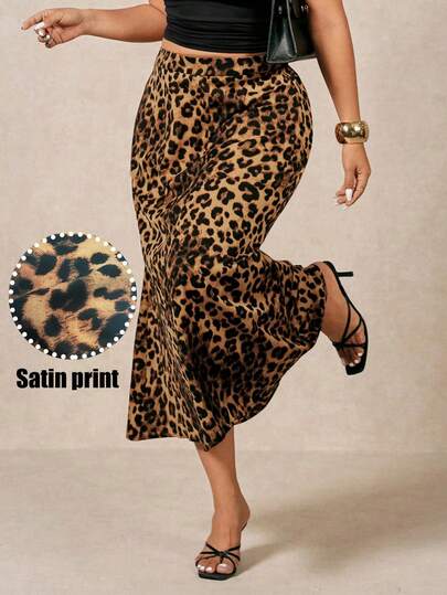 Juhart Plus Size Women Elastic Satin Sexy Leopard Print Minimalist Elegant Commute Versatile Mid-Length Skirt