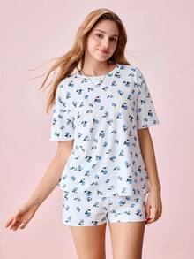 Bonmuse Conjunto de Pijama com Camiseta e Shorts Estampa Floral / Conjunto de Pijama para o Verão - Azul - Visão 4