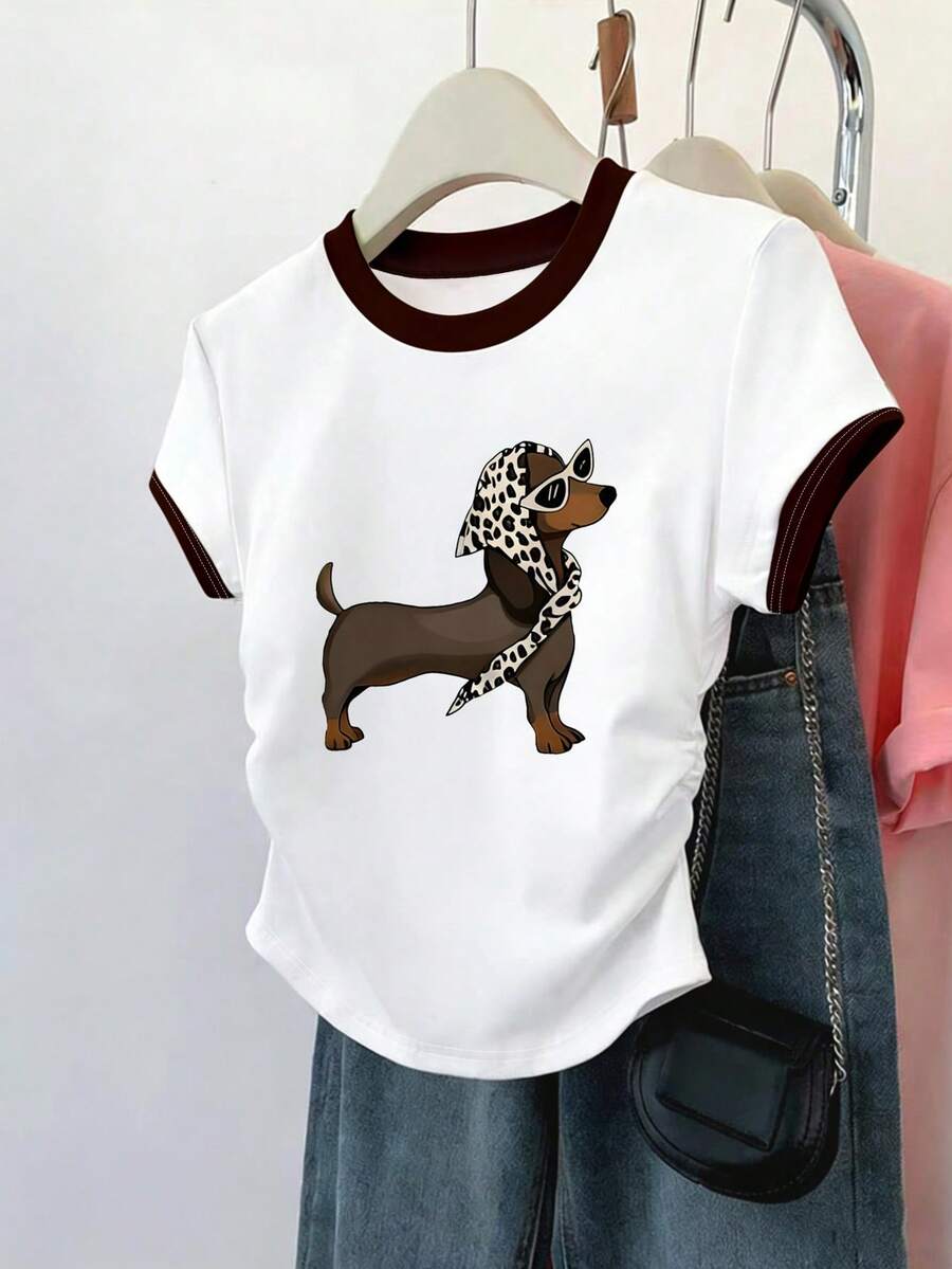 少女腊肠犬和豹纹印花发带，撞色滚边圆领褶裥腰短袖T恤，适合春夏休闲、度假、节日穿着 - 彩色 - 查看 1