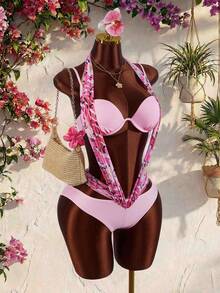 Amplova 女士挂脖式连体泳衣，网纱拼接，性感露背设计，度假装扮，女士度假服，假日装扮 - 粉色 - 查看 5