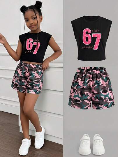 SHEIN Bộ đồ 2 món thời trang cho bé gái tuổi teen, gồm áo tay ngắn cổ tròn in chữ và lá, thích hợp cho các hoạt động ngoài trời, vui chơi và dạo chơi thường ngày vào mùa hè.