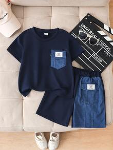 SHEIN 2pcs/Set Toddler Boys' Casual Fashion Denim Patchwork Pocket Short Sleeve Round Neck T-Shirt And Shorts Set, Suitable For Spring/Summer Casual, Outdoor, Daily Wear - Navy Blue - View 1