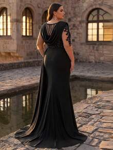 Aureia Plus Size Elegant Black Formal Evening Dress For Spring Luxurious Sequin Applique Satin Plunging Draped Neck 3/4 Sleeve Ruched Mermaid Hem Gown - Black - View 4