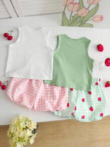 SHEIN Playful Pals 4件套：女童甜美樱桃草莓印花吊带背心和草莓格子碎花短裤，清新夏日度假风，适合海滩、旅行和其他夏季场合。 - 彩色 - 查看 2