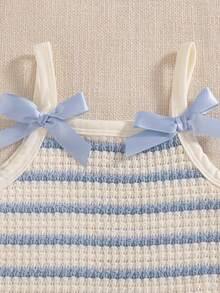 Souflis Souflis Bộ 2 món kiểu Pháp cho bé gái: áo hai dây không tay kẻ sọc dệt kim jacquard và quần short cạp chun, trang phục thường ngày dễ thương, thích hợp cho các hoạt động ngoài trời mùa hè hoặc du lịch. - Màu xanh nhạt - Xem 3