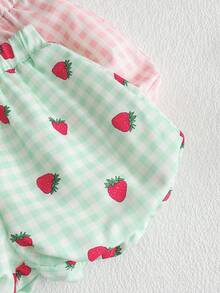SHEIN Playful Pals 4件套：女童甜美樱桃草莓印花吊带背心和草莓格子碎花短裤，清新夏日度假风，适合海滩、旅行和其他夏季场合。 - 彩色 - 查看 6