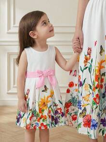 SHEIN 1 pieza Nuevo vestido mini de línea A sin mangas con cintura recogida, estampado floral acuarela, elegante y lindo, para niñas bebé, apropiado para salidas diarias, picnics, tardes de té, fiestas, cumpleaños, vacaciones, reuniones, viajes, sesiones de fotos, etc. - Blanco - Ver 1