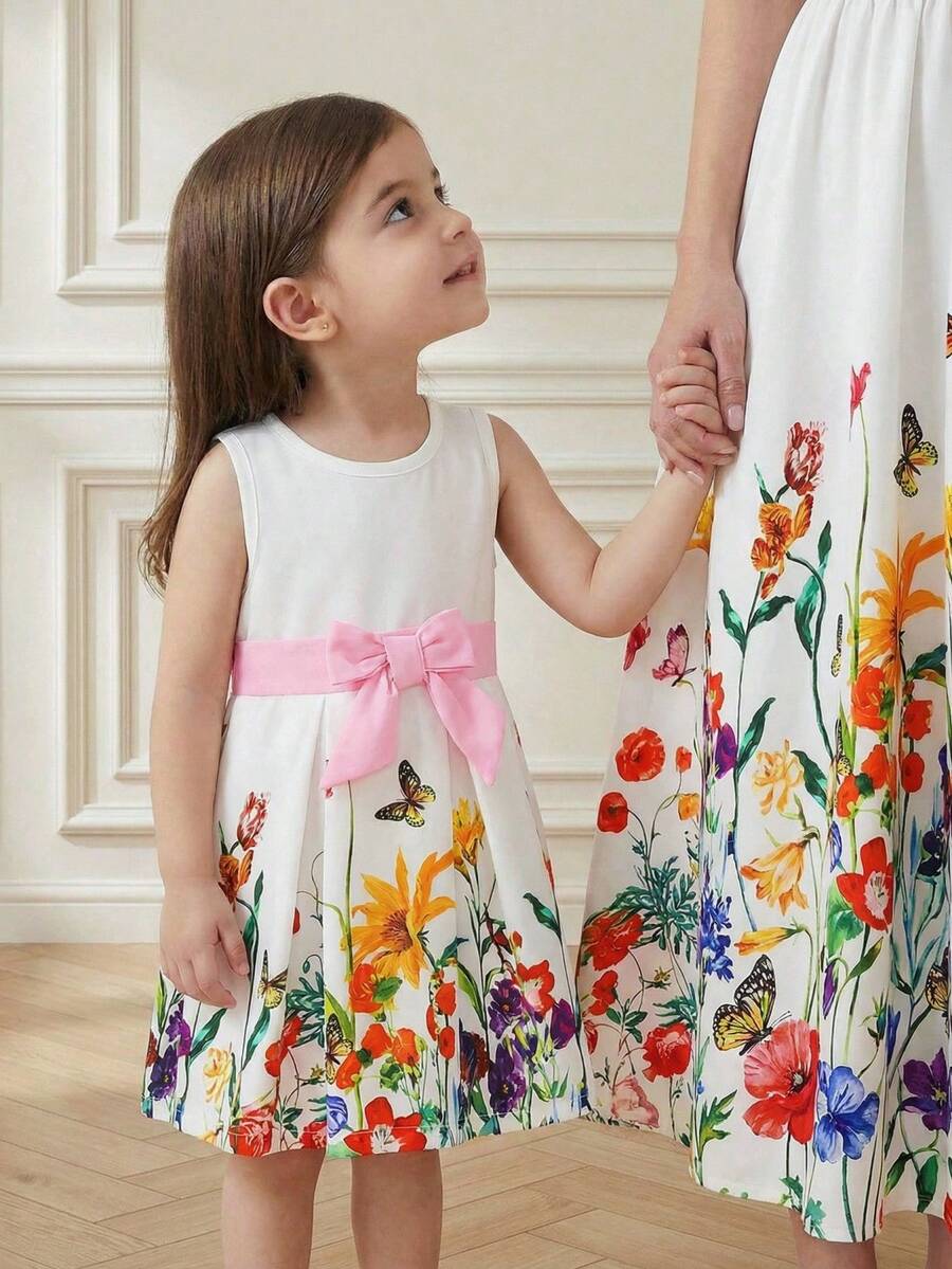 SHEIN 1 pieza Nuevo vestido mini de línea A sin mangas con cintura recogida, estampado floral acuarela, elegante y lindo, para niñas bebé, apropiado para salidas diarias, picnics, tardes de té, fiestas, cumpleaños, vacaciones, reuniones, viajes, sesiones de fotos, etc. - Blanco - Ver 1