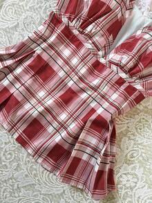 SHEIN V领短袖修身女式上衣 - 紅色 - 查看 3