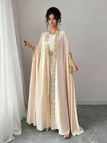 SHEIN PETITE CURVE 加大码两件套中东蕾丝纯色圆领无袖长袍 - 杏色 - 查看 3