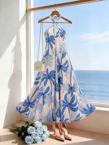 Franclia Women's Elegant Vacation Casual Printed Halter Backless Dress - Blue and White - View 3