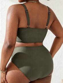 Slaydiva Plus Size Women 2pcs Military Green Splice Ruched Tankini Swimwear Set, Summer Beach Holiday - Army Green - View 2