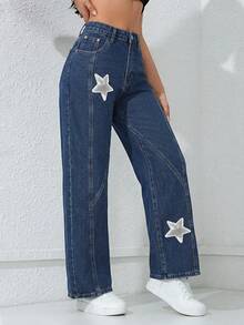 SHEIN PETITE Women's Beaded Five-Pointed Star Patch Dark Blue Wide-Leg Jeans - Dark Wash - View 5