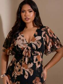 SHEIN BAE Vestido morado con volantes y estampado floral para mujer de talla grande - Multicolor - Ver 6