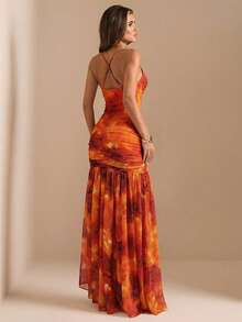 SHEIN BAE Đầm maxi dài xẻ cao, cổ sâu, họa tiết hoa/trơn, chất liệu xuyên thấu, thích hợp cho mùa xuân và hè, đi biển, gợi cảm và thanh lịch, phù hợp cho Giáng sinh, hẹn hò, tiệc cocktail, dạ hội trang trọng. - trái cam - Xem 2