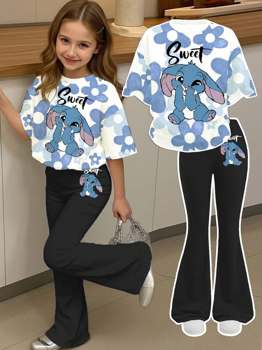 Ensemble 2 pièces Top à manches courtes col rond et pantalon évasé, motif lapin bleu Lulu et Stitch, dégradé bleu floral, style dessin animé décontracté pour jeune fille, adapté pour l'été - Multicolore - Voir 1